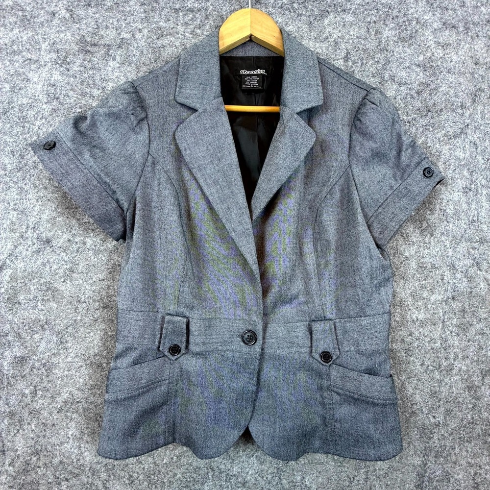 Stooshy Blazer Jacket Womens Large Gray Rayon Stretch Career Y2K Notch Lapel